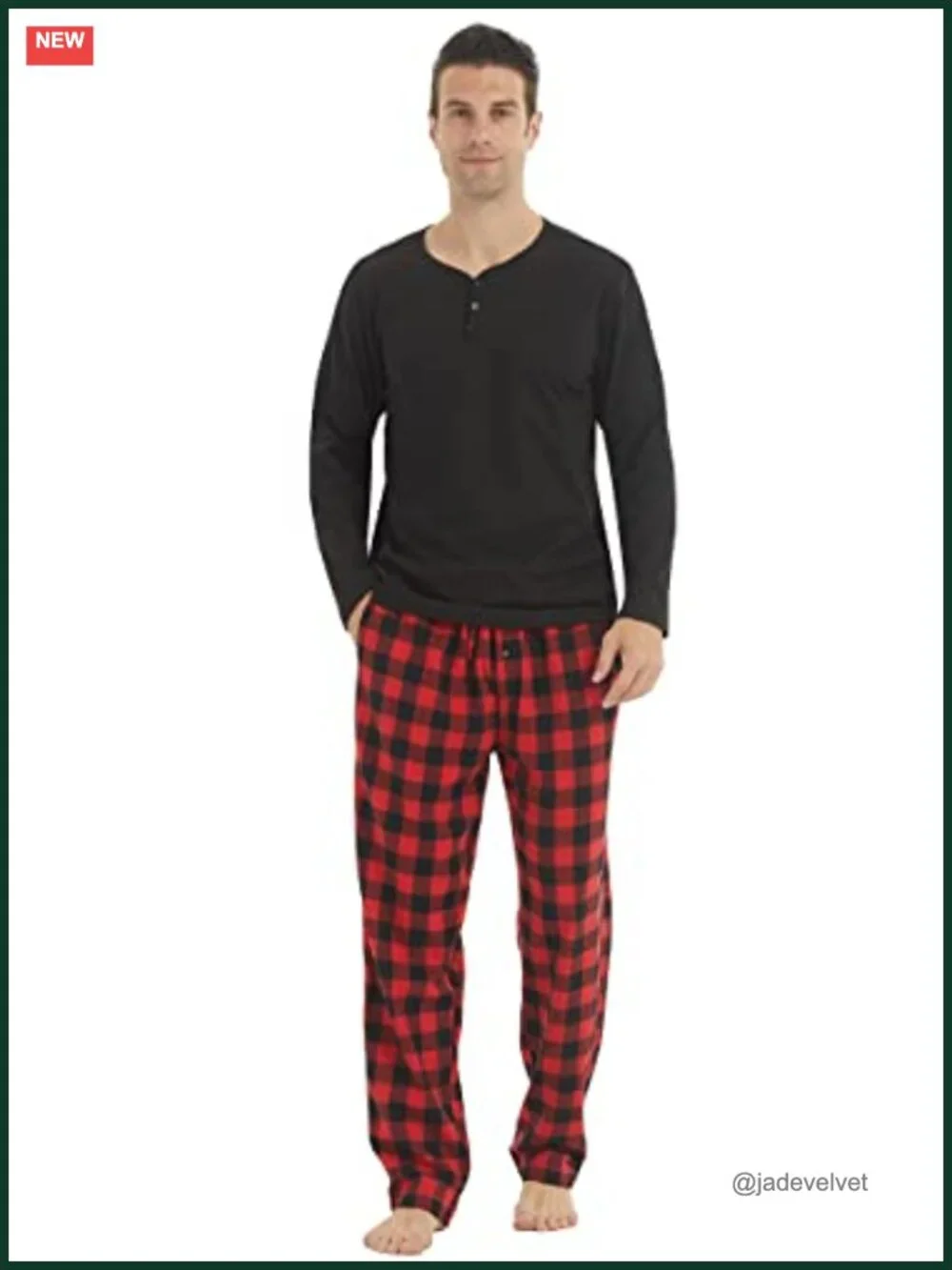 Mens Pajama Set Long Sleeve Henley Neck Button Top Plaid Pants Soft Loungewear